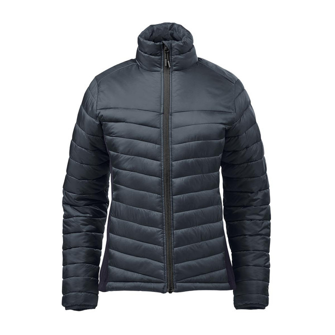 A women's thermal jacket in dark green with a zip front and padded design, featuring a high collar.