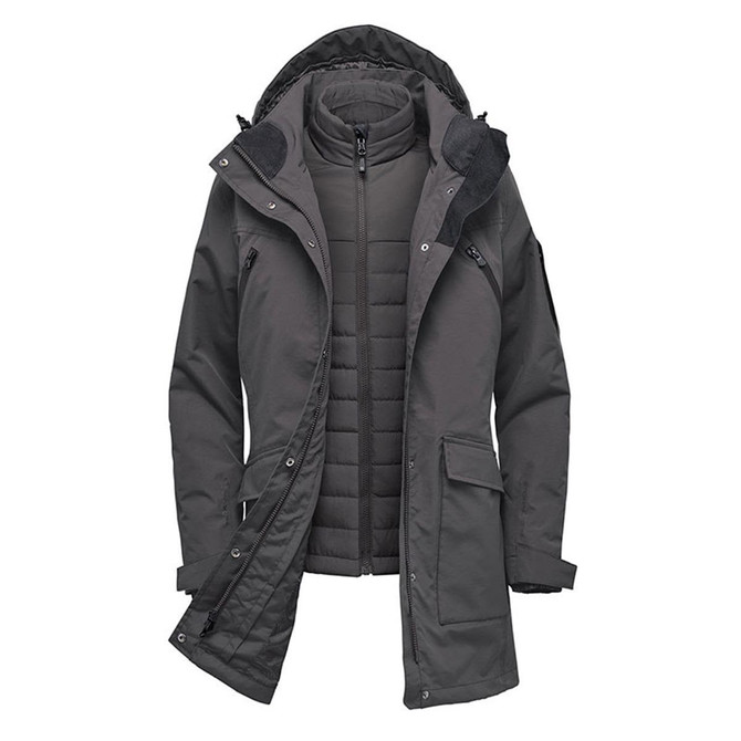 A grey Women's Fairbanks 5-in-1 System Jacket, featuring a removable inner lining and multiple pockets.
