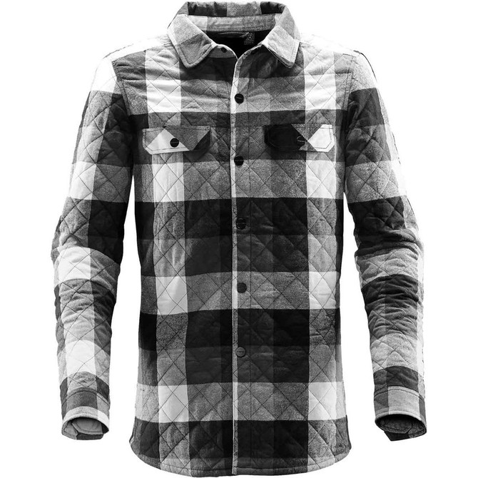 A black and white plaid shacket with a quilted pattern, featuring a button front and two chest pockets.