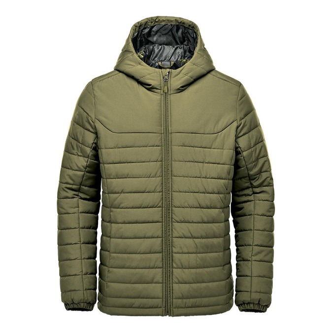 A green quilted hoody with a zip front and a hood, featuring a simple design and soft material.
