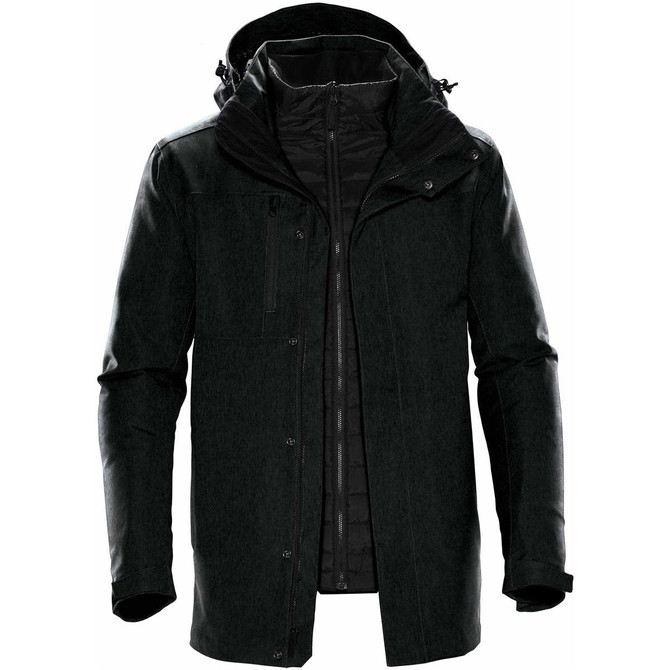 Men's Avalante System Jacket in dark green, featuring a hood and multiple pockets. Includes branding on the jacket.