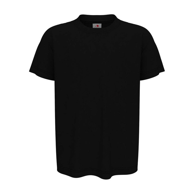 A black organic crew neck T-shirt with short sleeves, featuring a branding label.