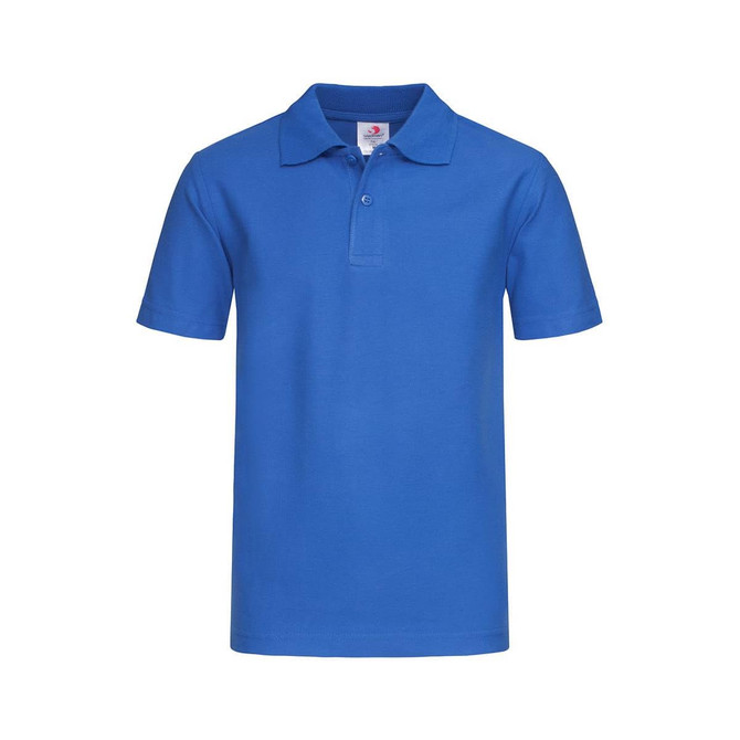 A blue Junior Heavyweight Polo shirt with a classic collar and short sleeves. It features a logo on the chest.