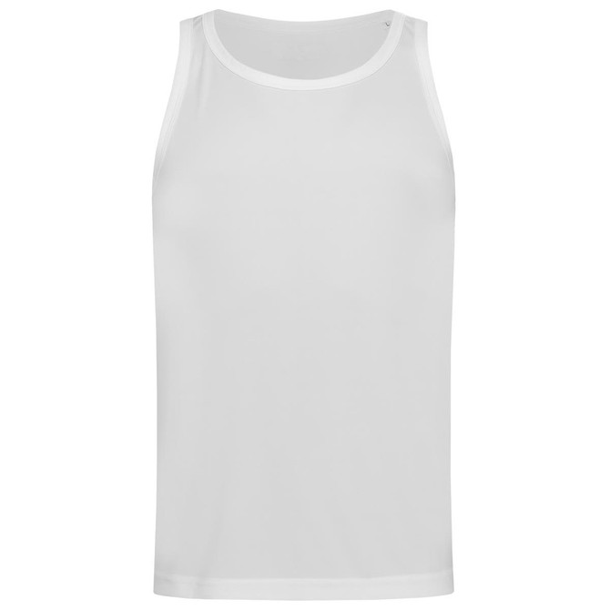 A white men's active sports top with a sleeveless design, featuring a logo.