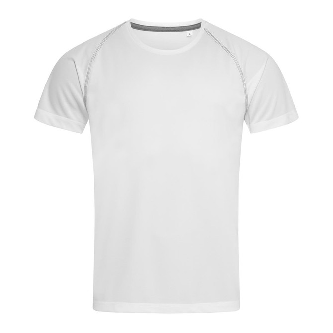 A white men's active team raglan t-shirt with short sleeves and a grey trim. Features a logo.