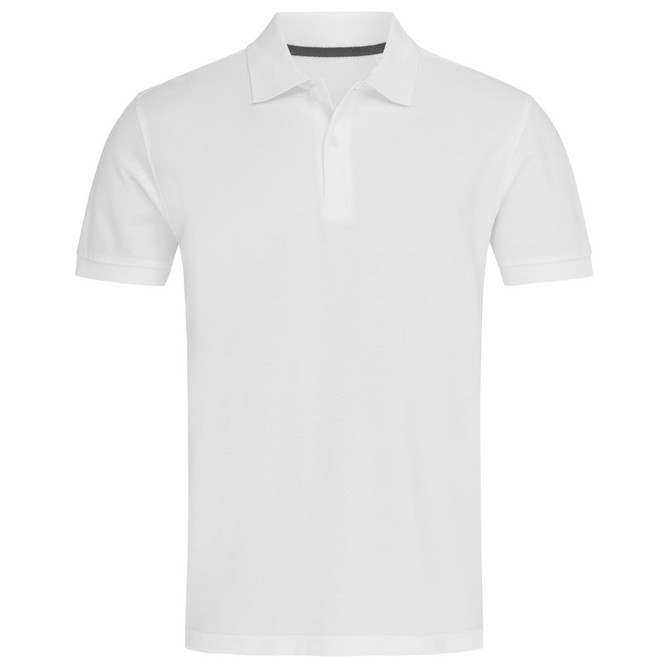 A white polo shirt with a classic collar and a logo on the chest.