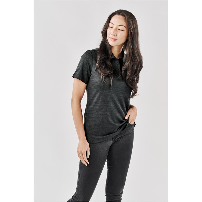 A women's polo shirt in dark grey, featuring a collar and a subtle texture, with a branding logo.