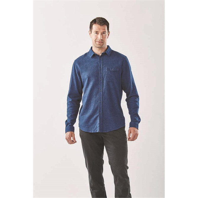 Men's Dockyard long sleeve twill shirt in navy blue with a button-up front and a chest pocket. Features branding.