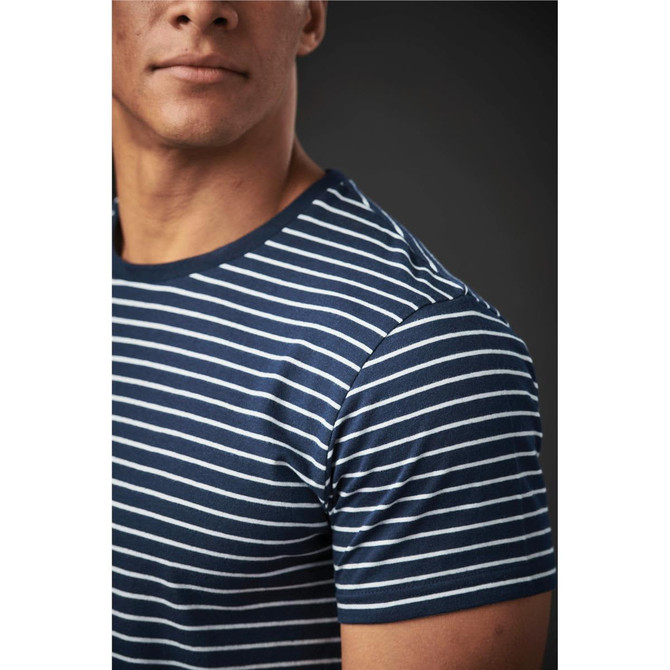 A close-up of a men's crew neck tee in navy with white stripes, featuring a fitted silhouette and branding.