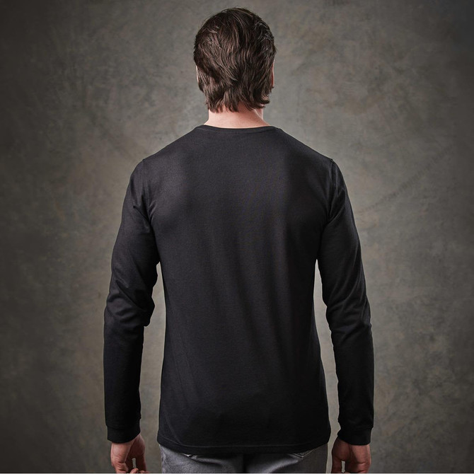 A long-sleeve black T-shirt displayed from the back, featuring a simple design and a fitted silhouette.