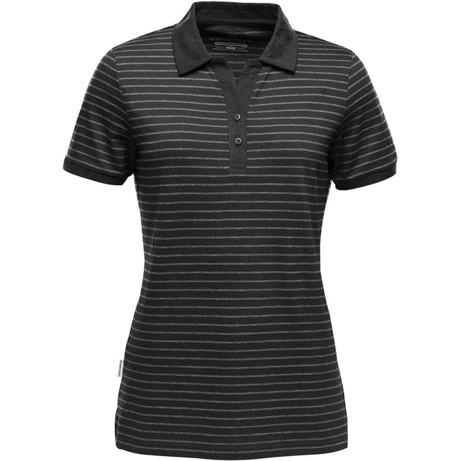 A women's polo shirt in black with grey stripes, featuring a collar and a logo on the side.
