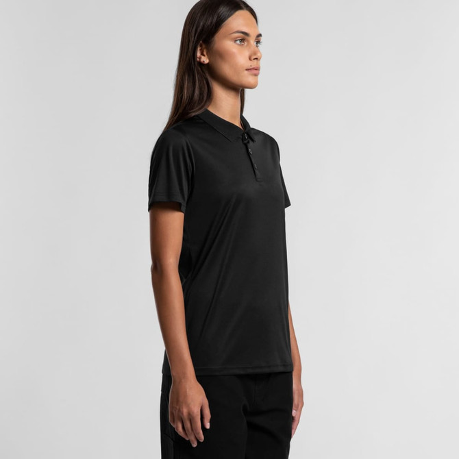 A black polo shirt featuring a collar, short sleeves, and a logo on the chest.