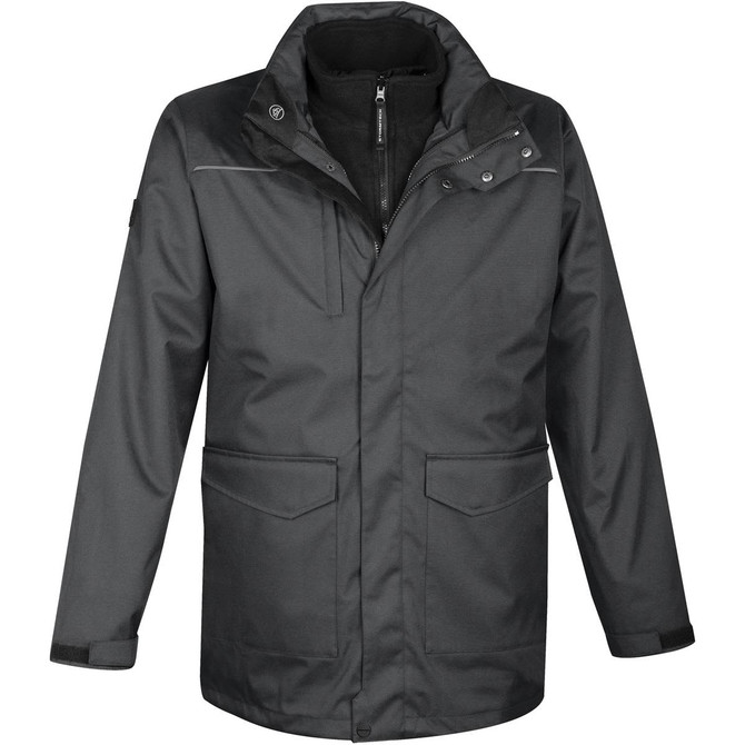 A dark green men's parka featuring a zip front, multiple pockets, and a collar, with a logo on the sleeve.