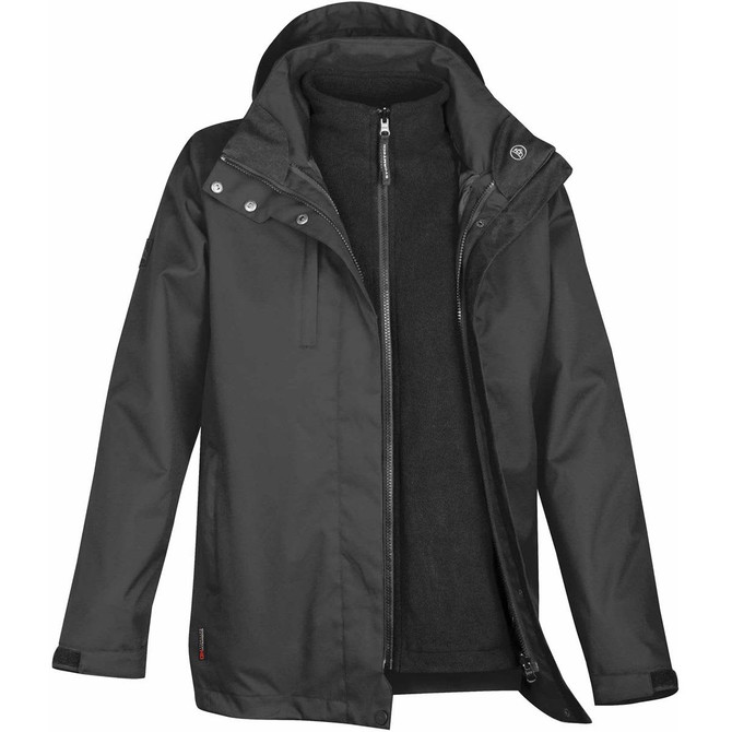 A black 3-in-1 parka jacket featuring a zip-out fleece liner and a hood, with a logo on the sleeve.