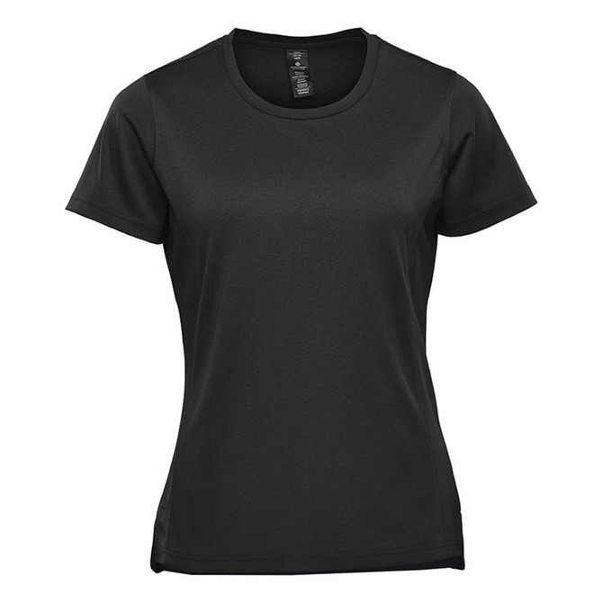 A black women's short sleeve performance tee with a fitted design and a logo on the chest.