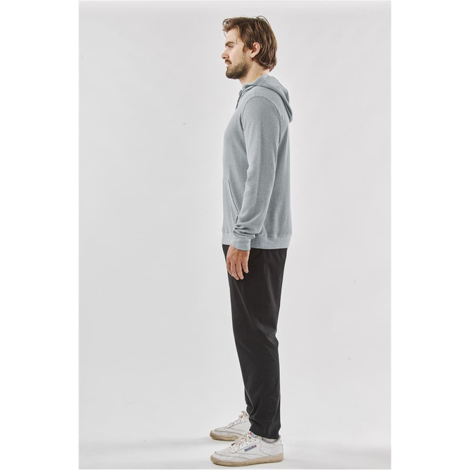 A grey pullover hoodie with a kangaroo pocket, shown on a male model in profile.