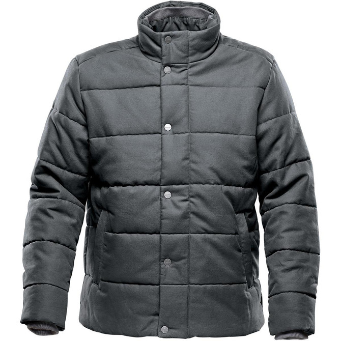 A dark green thermal jacket with a quilted design, featuring a stand-up collar and snap buttons, has a logo.