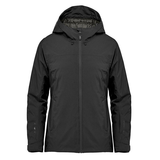 A black women's thermal shell jacket with a hood and zip closure, featuring pockets and a logo.