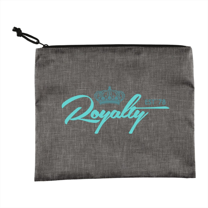 A grey toiletry bag with a turquoise logo and a zip closure, ideal for storing personal items.