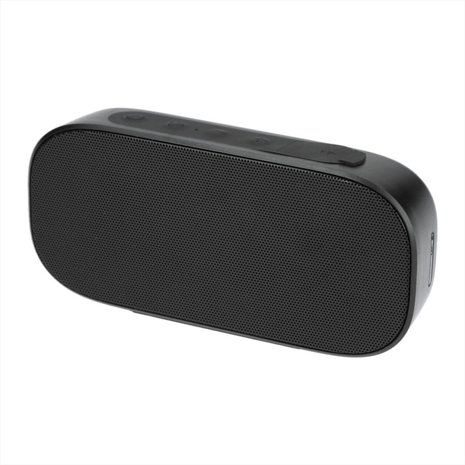 A black Bluetooth speaker with control buttons on top and a mesh grille design on the front.