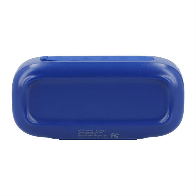 A blue Bluetooth speaker with a smooth, rectangular design. The product features a logo on its surface.