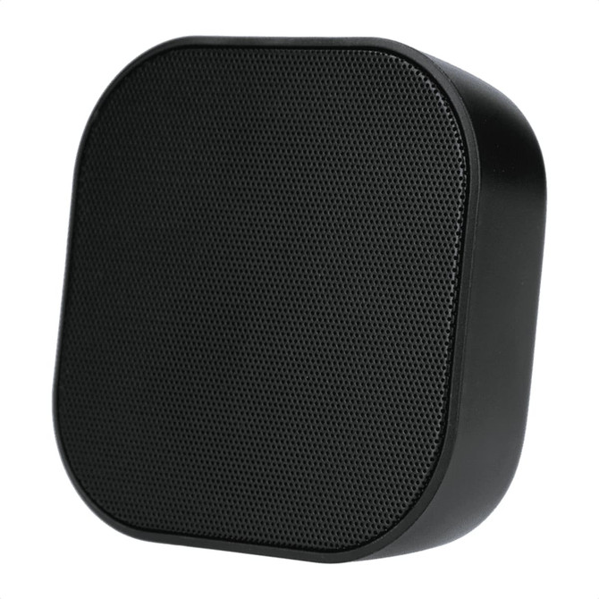 A black Bluetooth speaker with a textured mesh surface and rounded edges, featuring a logo on the side.