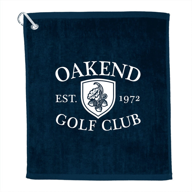 A navy blue terry golf towel featuring a logo and text for Oakend Golf Club, established 1972.