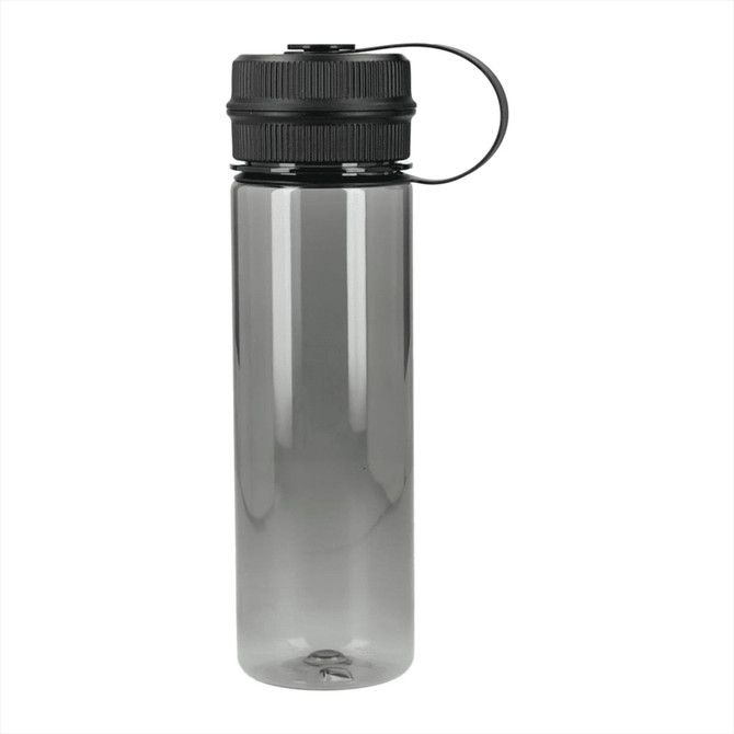 A drink bottle in grey with a black cap and a carrying loop, made from recycled R-PET material.