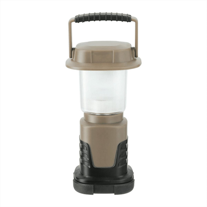 A mini camping lantern in a brown and black design, featuring a textured handle and a clear light section.