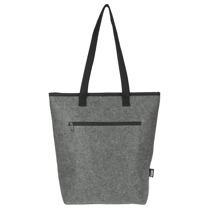A grey cooler tote bag with black handles and a zippered front pocket, featuring a logo.