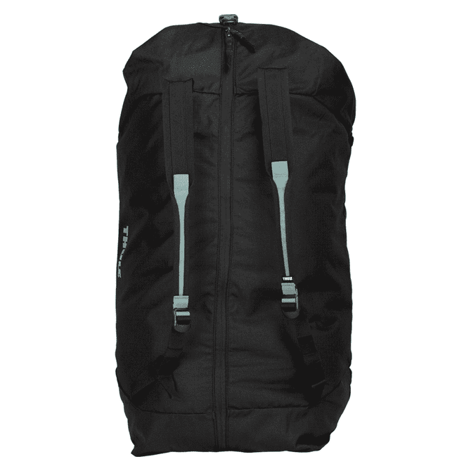 A black duffel bag with mid blue accents and adjustable straps, featuring a logo.