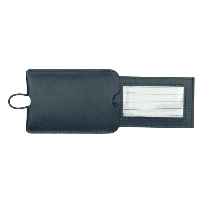 A navy leather luggage tag with a transparent window for identification information and a loop for attachment.