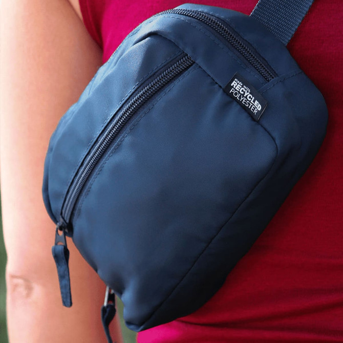 A navy blue recycled sport bum bag with a zippered compartment, featuring a small branding logo.