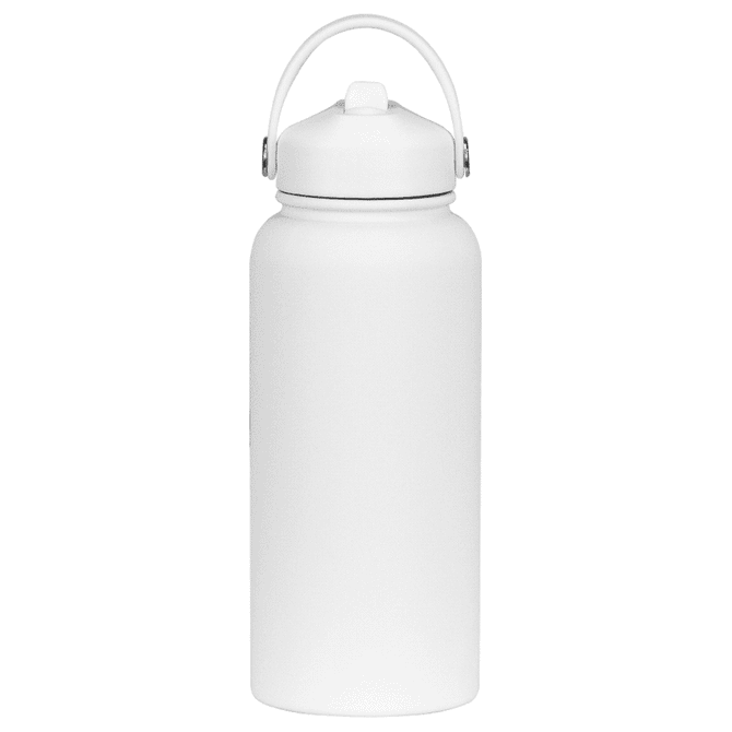 A drink bottle with a white rubber coating and a handle, featuring a screw-top lid.