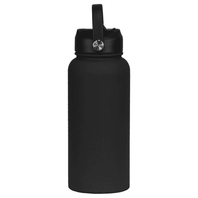 A drink bottle in matte black with a rubber-coated finish and a sturdy lid, featuring a handle and branding.