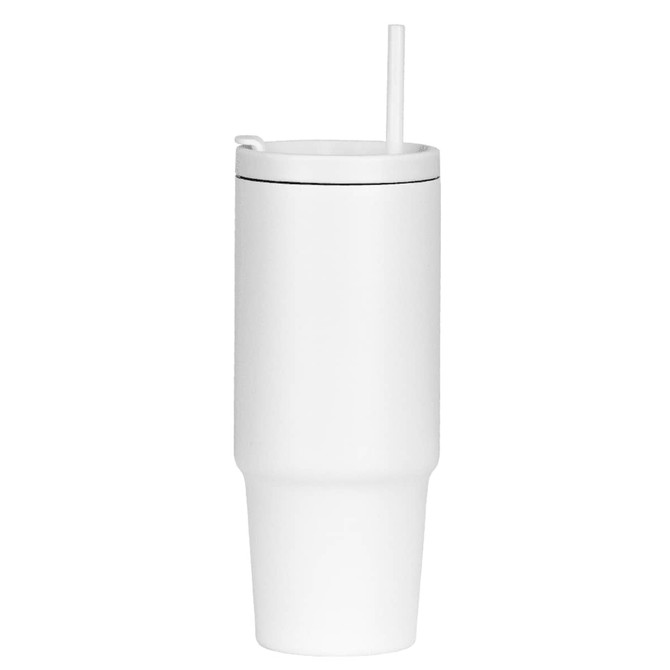 A drink bottle featuring a white design, with a handle and straw, suitable for cold beverages. Logo visible.