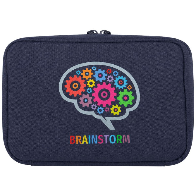 A navy organiser pouch featuring a brain design with colourful gears and a logo at the bottom.