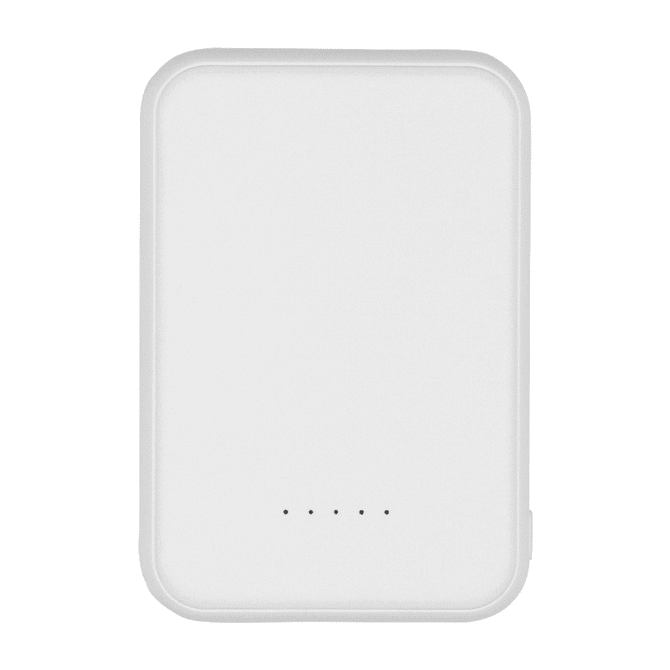A white magnetic power bank with a sleek design and four indicator lights. It has a branding logo on the surface.