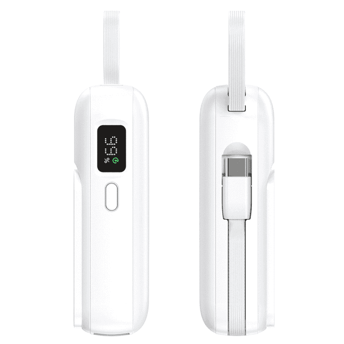 A white powerbank with a sleek design, featuring a digital display and a logo. It's compact and portable.