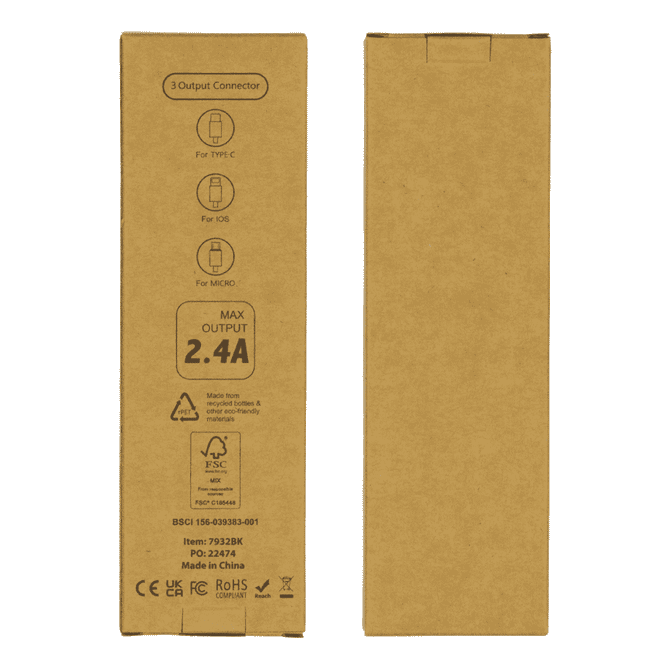 A cardboard packaging containing a 6-in-1 charging cable with multiple output connectors. The design is minimalist and eco-friendly.