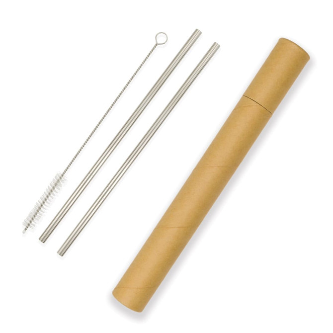 A drink bottle with two stainless steel straws, a cleaning brush, and a cylindrical cardboard container.