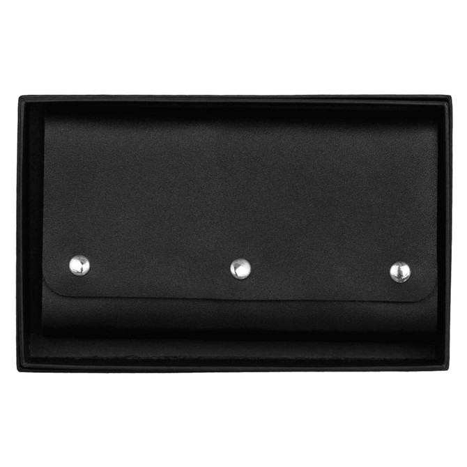 A black leather travel card set with a snap closure, presented in a matching box. It features decorative metal snaps.