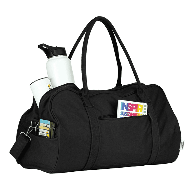A black duffel bag with a drink bottle, two mugs, and a small pocket for items. It features a shoulder strap and handles.