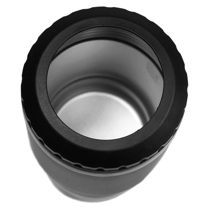 A drink bottle featuring a sleek black design, with a textured lid and an insulated interior. Includes a logo.
