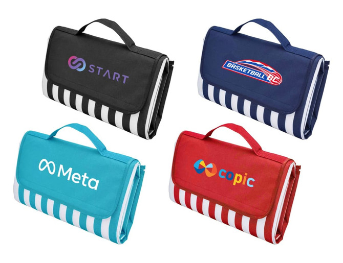 Four picnic rugs are displayed, featuring various logos and colour combinations, primarily in navy, red, and black.