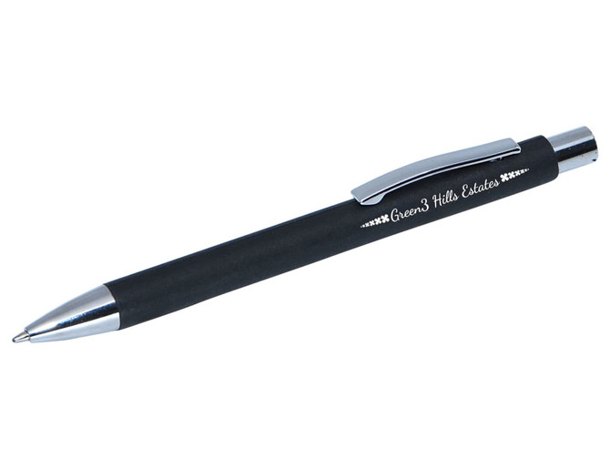 A black pen with a silver clip and tip, featuring a branding logo along the barrel.