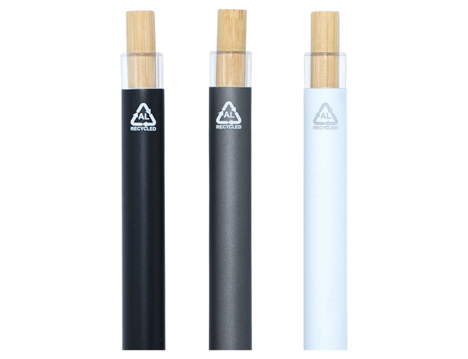 Three metal pens are displayed: black, grey, and white, each with a bamboo top and a logo.