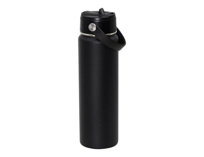 A drink bottle in black with a sleek design, featuring a lid and a handle. It includes a logo on the body.