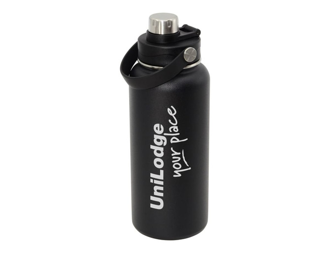 A drink bottle in black with a silver cap and a carry handle, featuring a logo on the side.