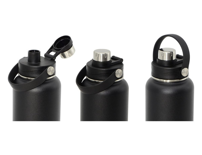 A drink bottle in black with a screw-top lid and carry handle, featuring a stainless steel cap and a logo.